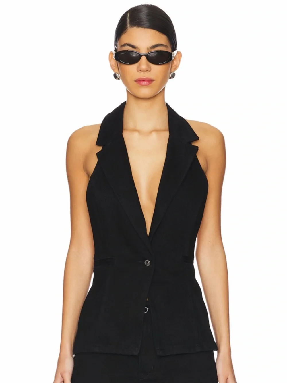 WeWoreWhat Revolve Black Denim Halter Backless Collared Vest Size Small NWT - Picture 1 of 7